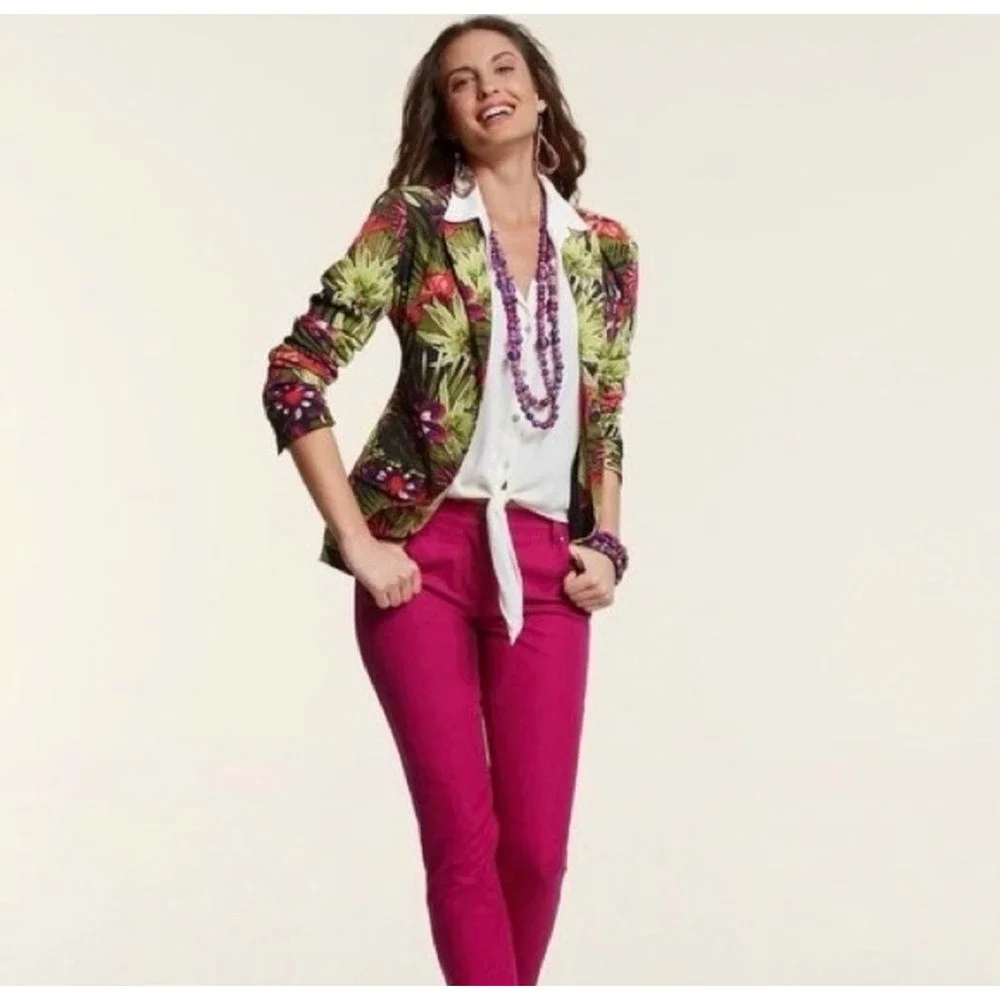 Chicos Tropical Palm Floral Blazer Jacket Green Pink Botanical Print Size 2 LGE - Picture 3 of 7